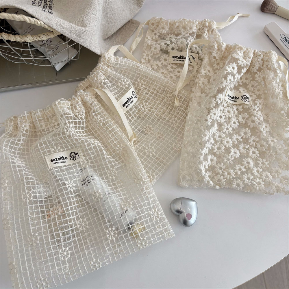 Tech Accessories Travel Bag - Lace Embroidered Daisy Mesh Drawstring Makeup